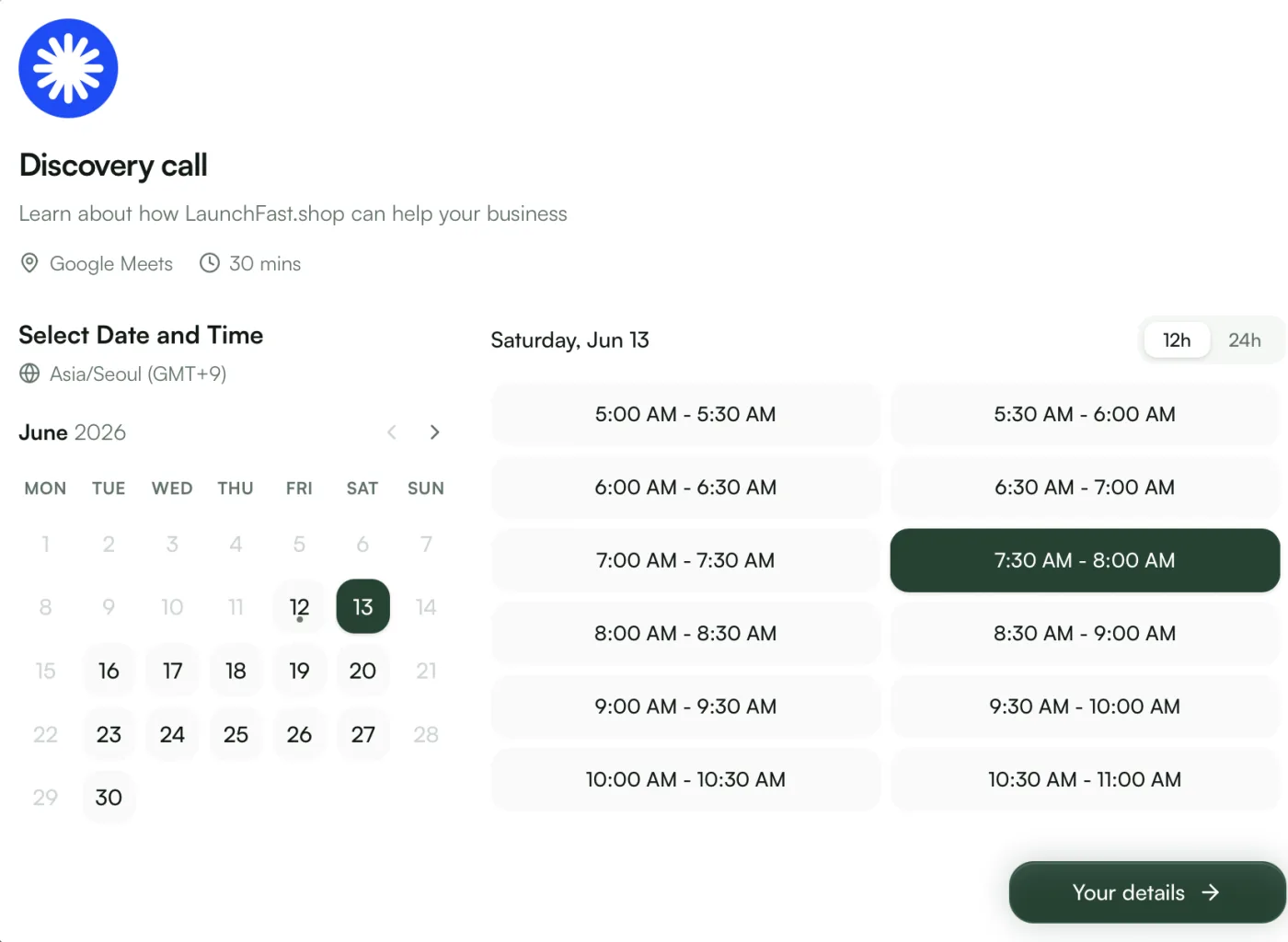 LinkyCal hosted booking page with date and time slot picker