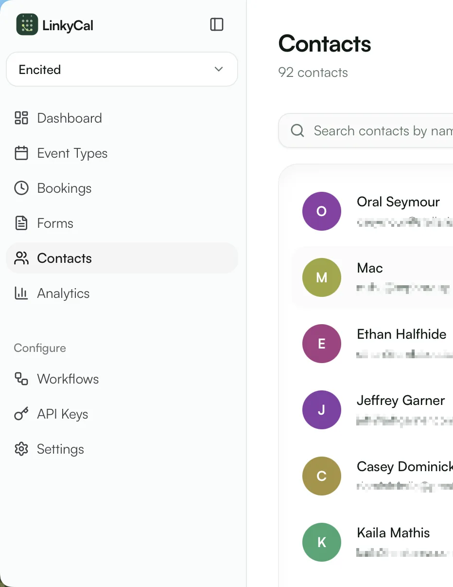 LinkyCal contacts list inside the dashboard