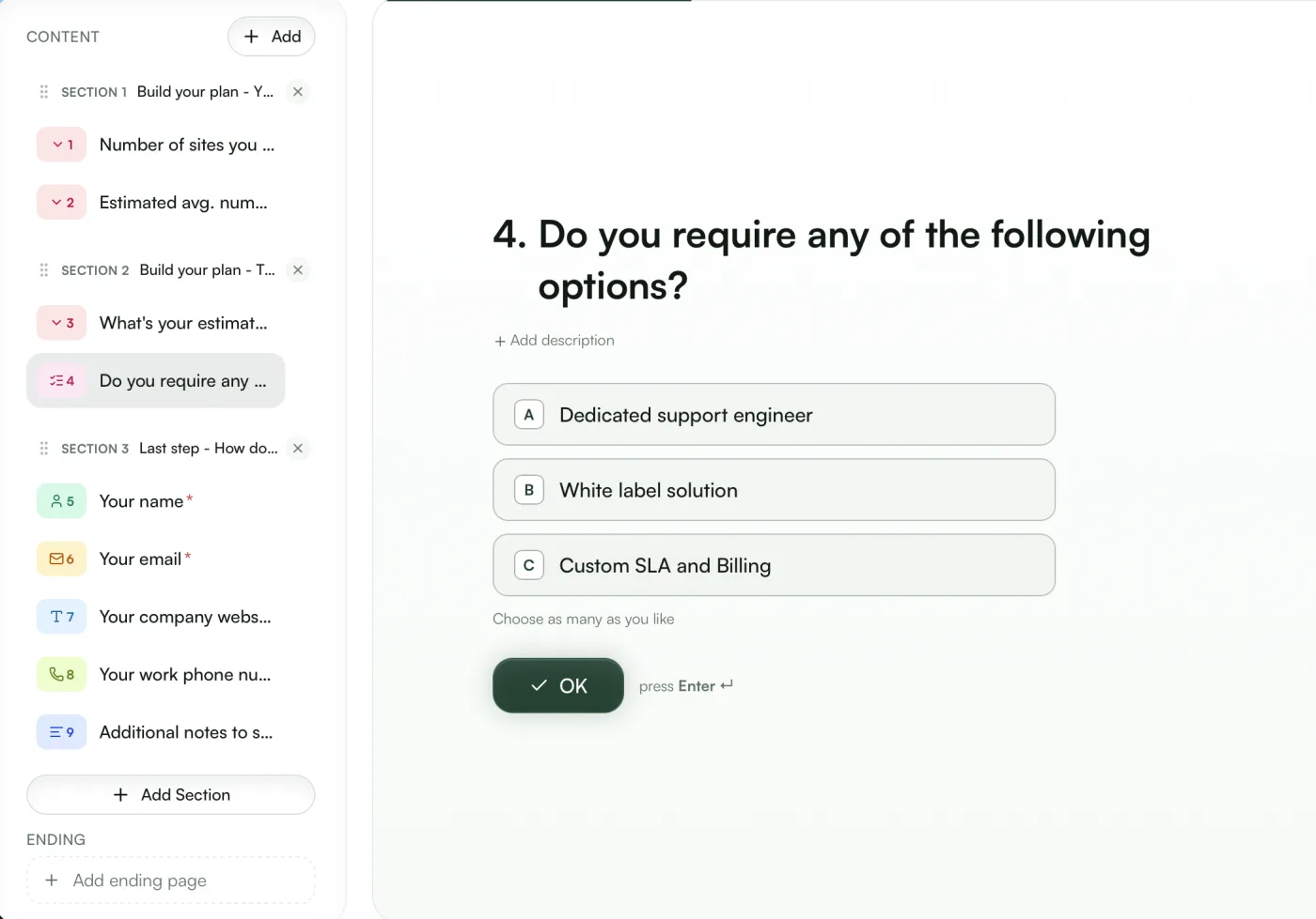 LinkyCal form builder editing a multi-step quote form